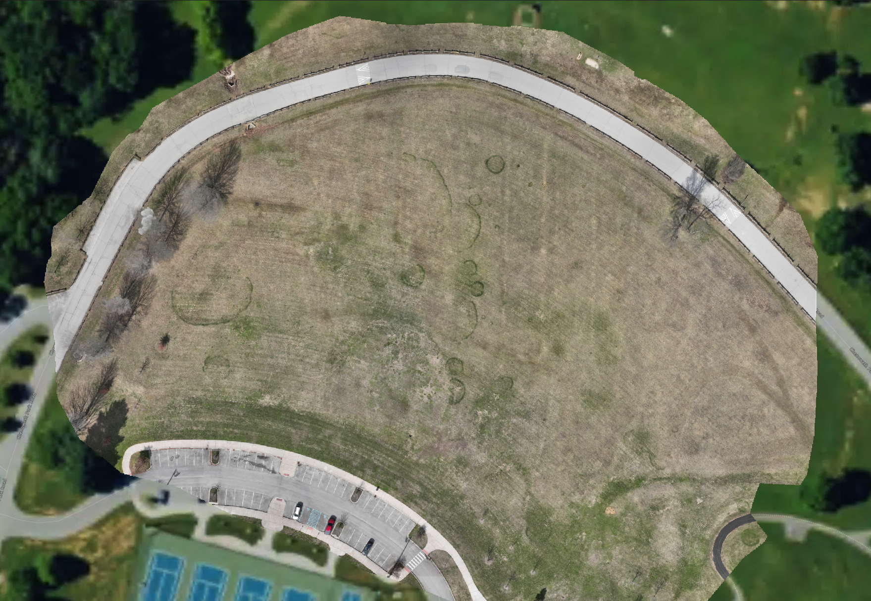 Aerial turf maintenance view of landscape monitoring