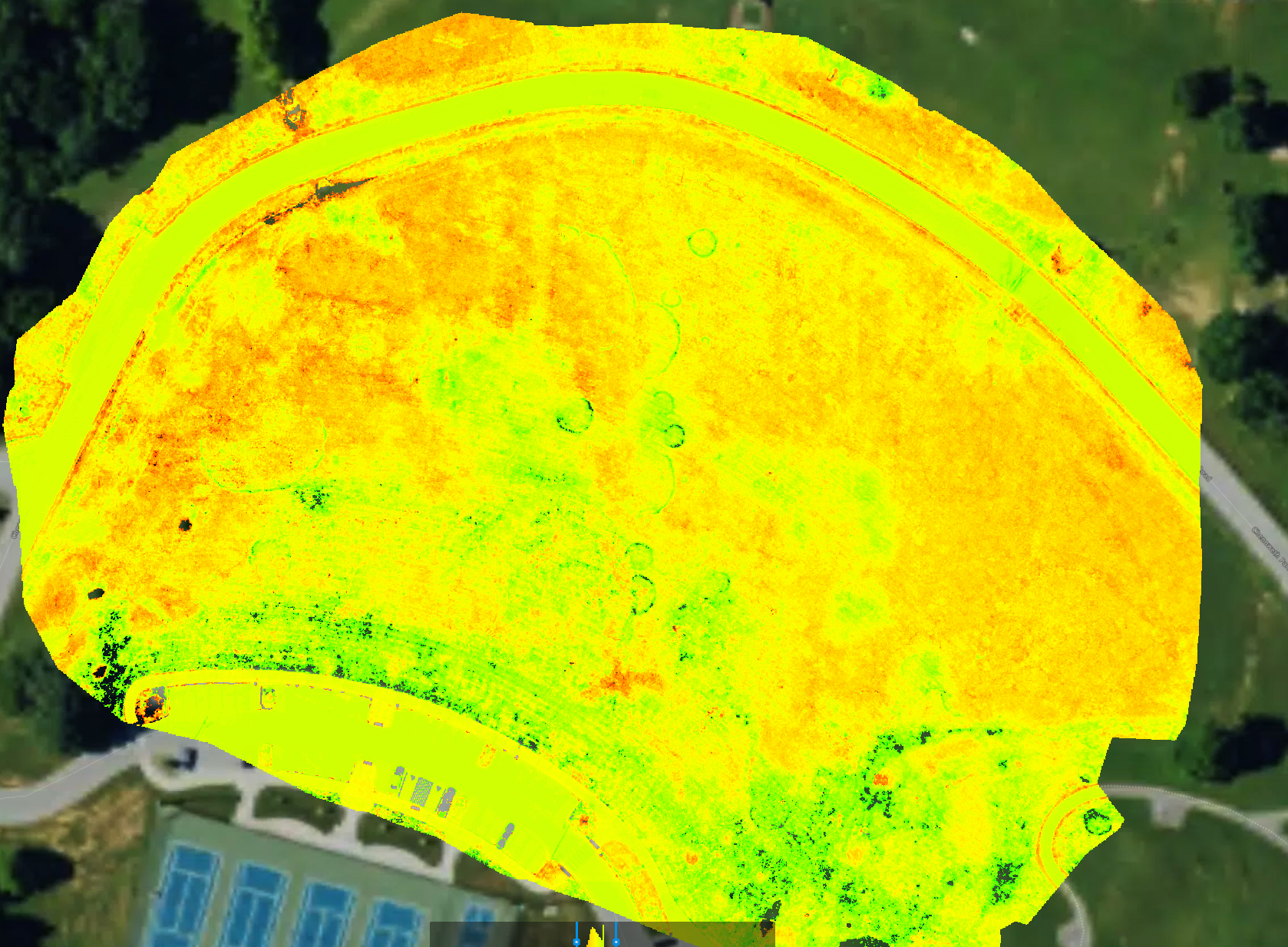Aerial turf maintenance view of irrigation analysis