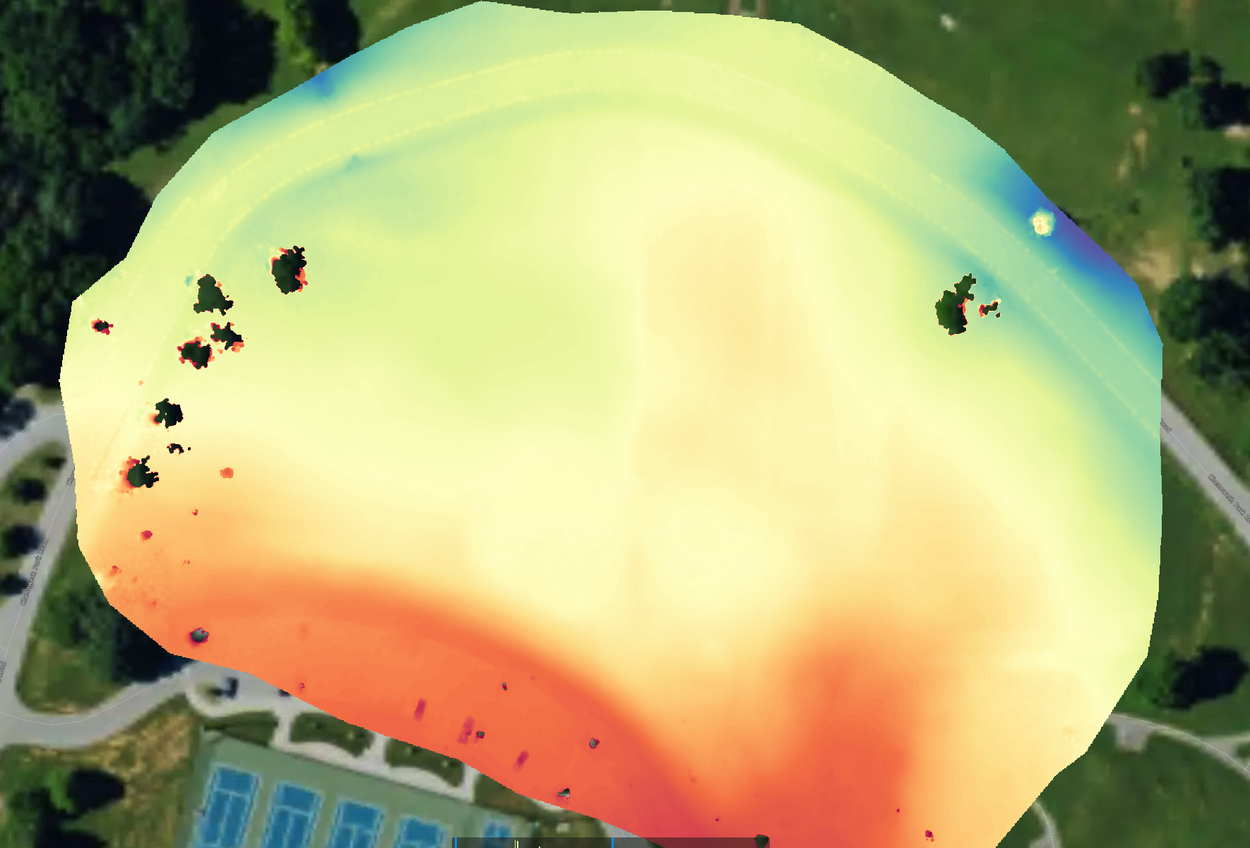 Aerial turf maintenance view of turf health assessment